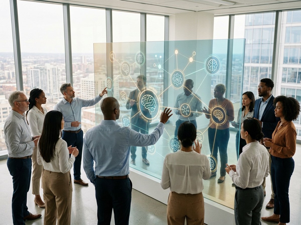 A professional office environment where a diverse group of business experts is interacting with a large, glowing digital interface showing AI agent icons and network connections. The atmosphere is collaborative and futuristic but grounded in reality. High-quality corporate photography style with natural lighting. No text. 4:3