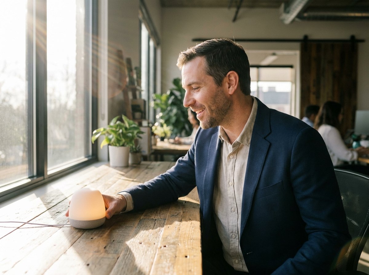 A modern office setting where a professional is speaking naturally towards a subtle, glowing smart device on a wooden desk. Warm morning light through a large window, blurred background. High-quality lifestyle photography. No text. 4:3