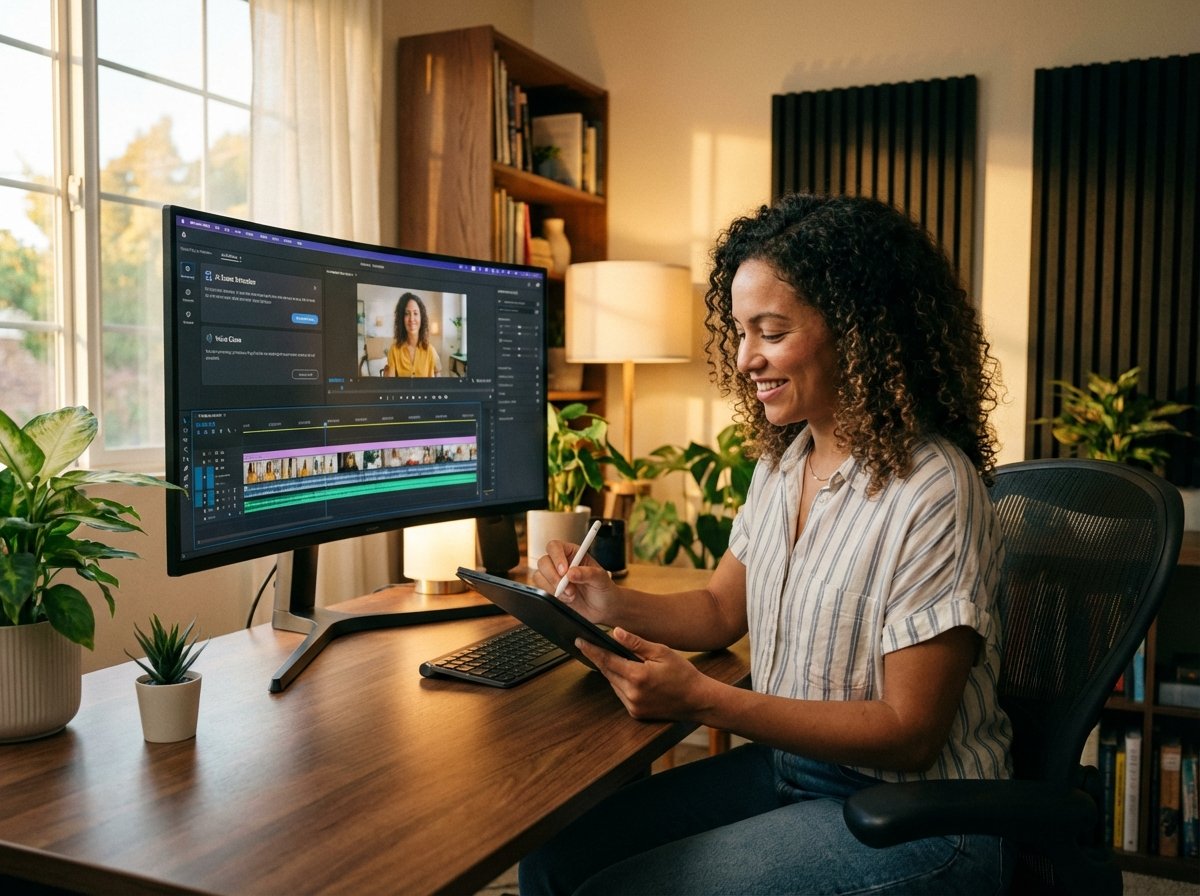 A professional content creator in a modern home studio working with AI video editing tools on a large monitor. Warm lighting, cinematic atmosphere, natural workspace. 4:3