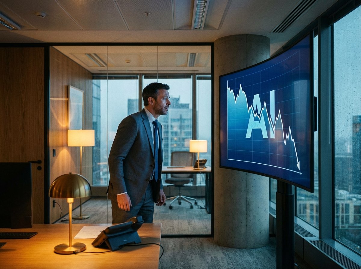 A professional financial analyst in a modern office looking at a large digital screen displaying a downward trending graph with the letters AI, stylized and sophisticated atmosphere, cinematic lighting, 4:3