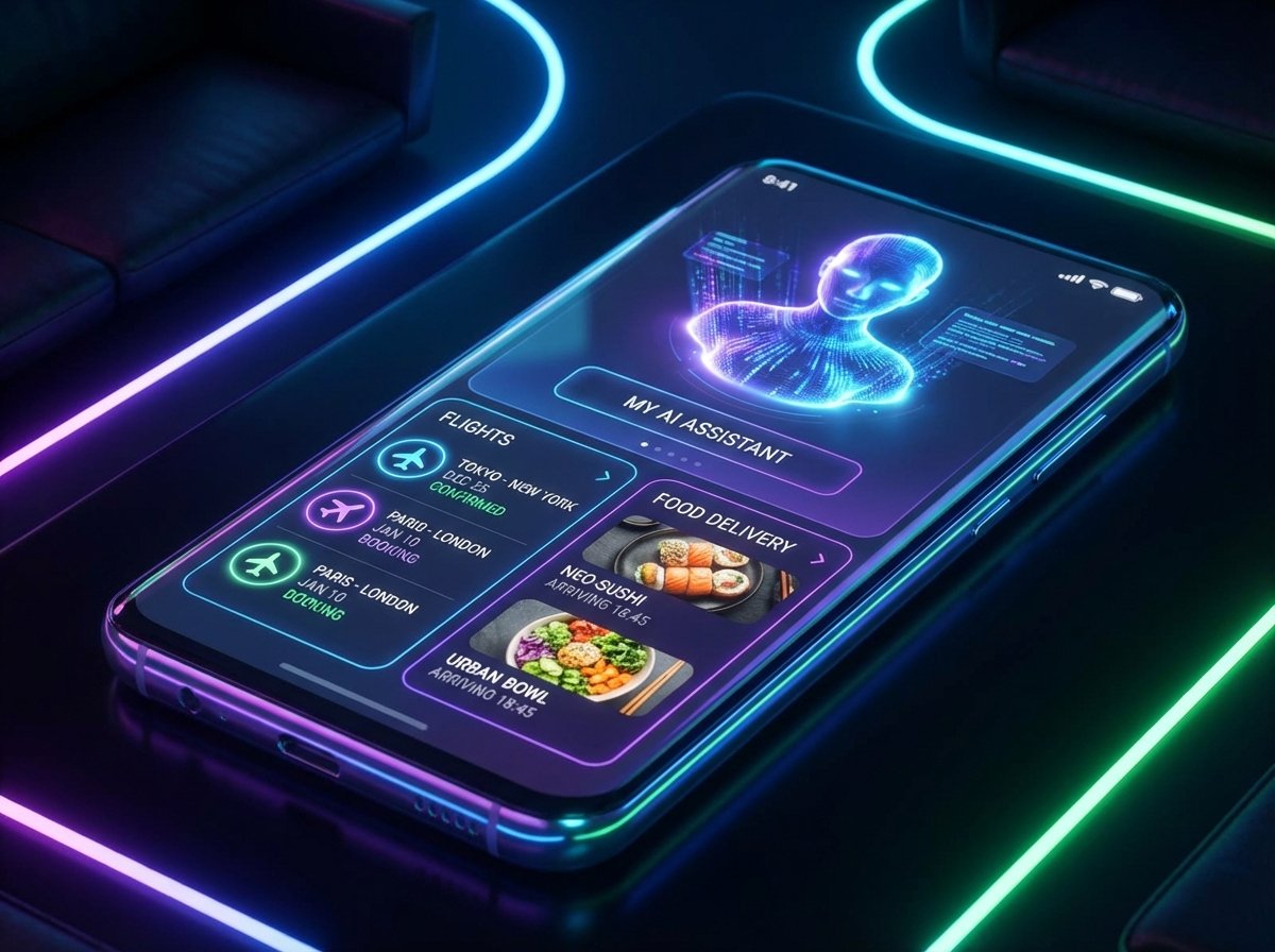 A futuristic AI shopping interface on a smartphone screen showing a virtual assistant organizing flight tickets and food delivery options, modern UI design, soft neon lighting, high-tech atmosphere, 4:3
