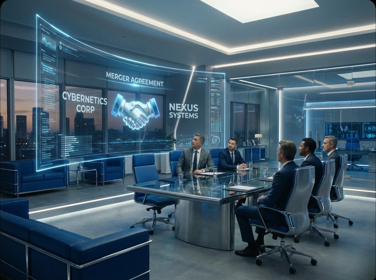 A professional business office setting with a futuristic digital interface showing a merger between two tech entities, sleek blue and silver tones, cinematic lighting, 4:3
