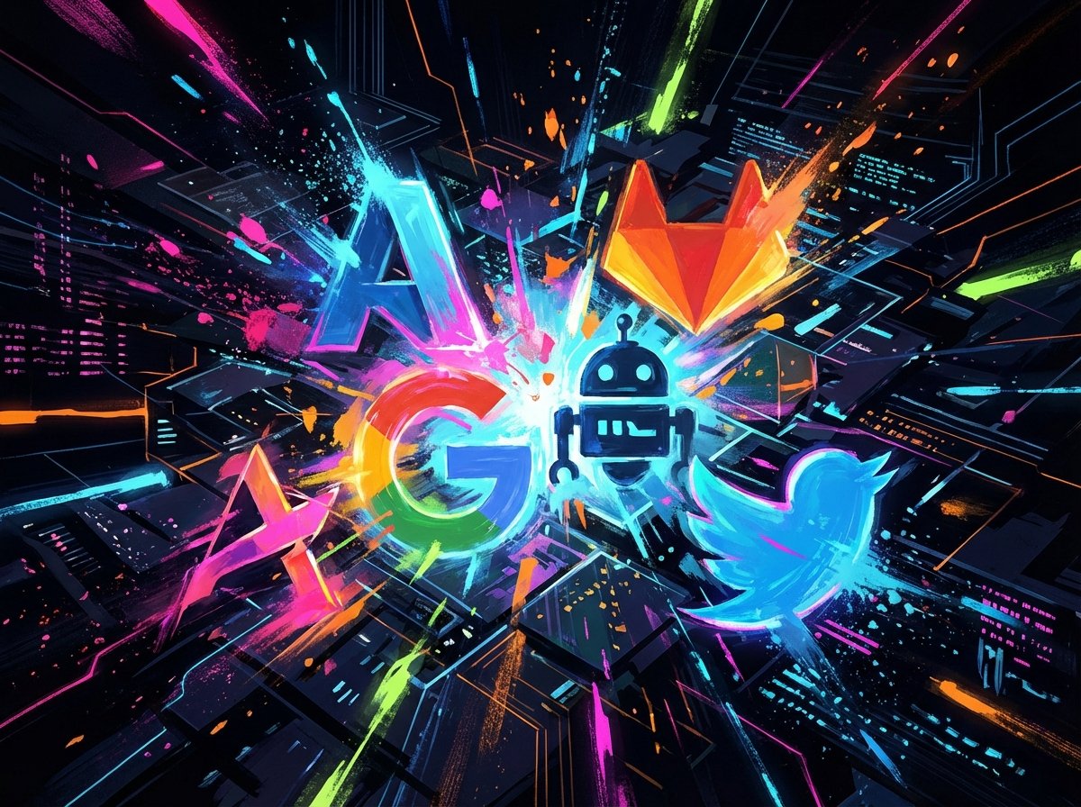 An abstract representation of several glowing tech logos competing on a dark digital landscape, high contrast, vibrant colors, artistic rendering, 4:3