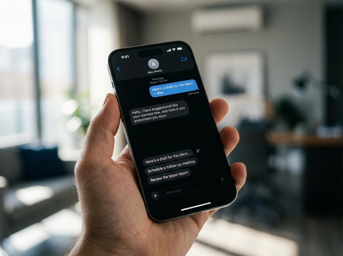 A close-up of a hand holding a high-end smartphone displaying a professional messaging app interface with AI suggestions, soft natural lighting, blurred background, 4:3