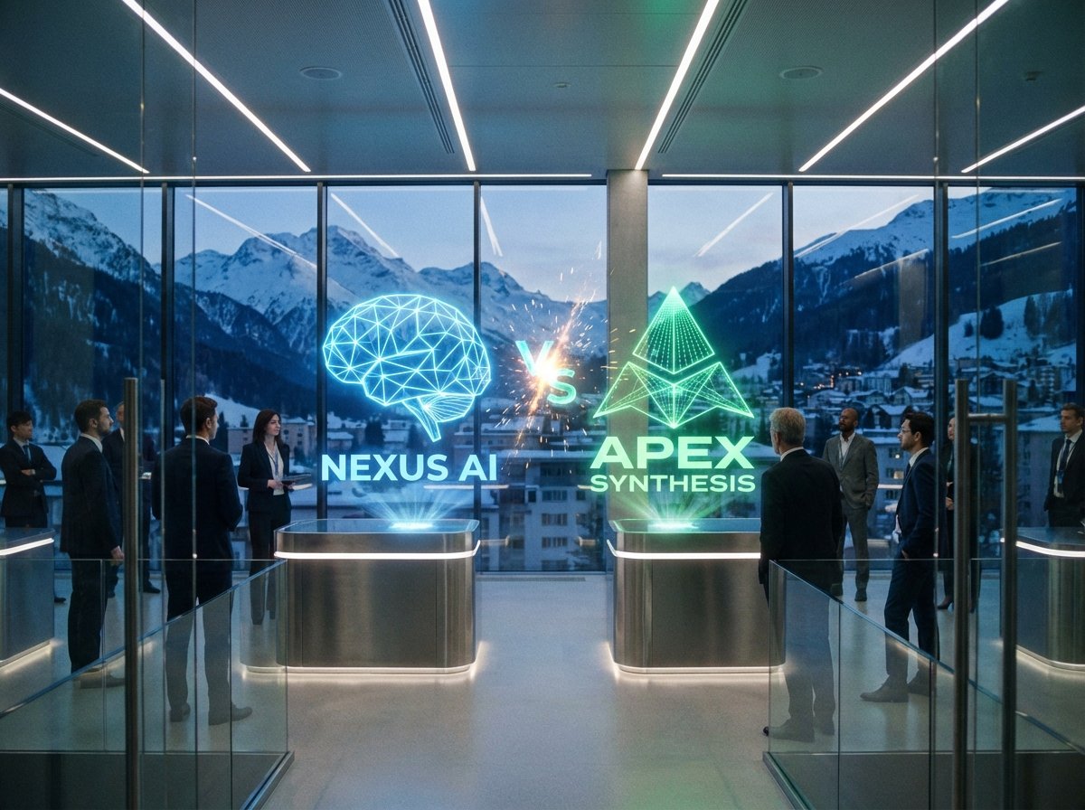 Two futuristic AI corporate logos clashing in a high-tech conference hall at Davos, cinematic lighting, sleek professional environment, snowy Swiss Alps visible through windows, 4:3
