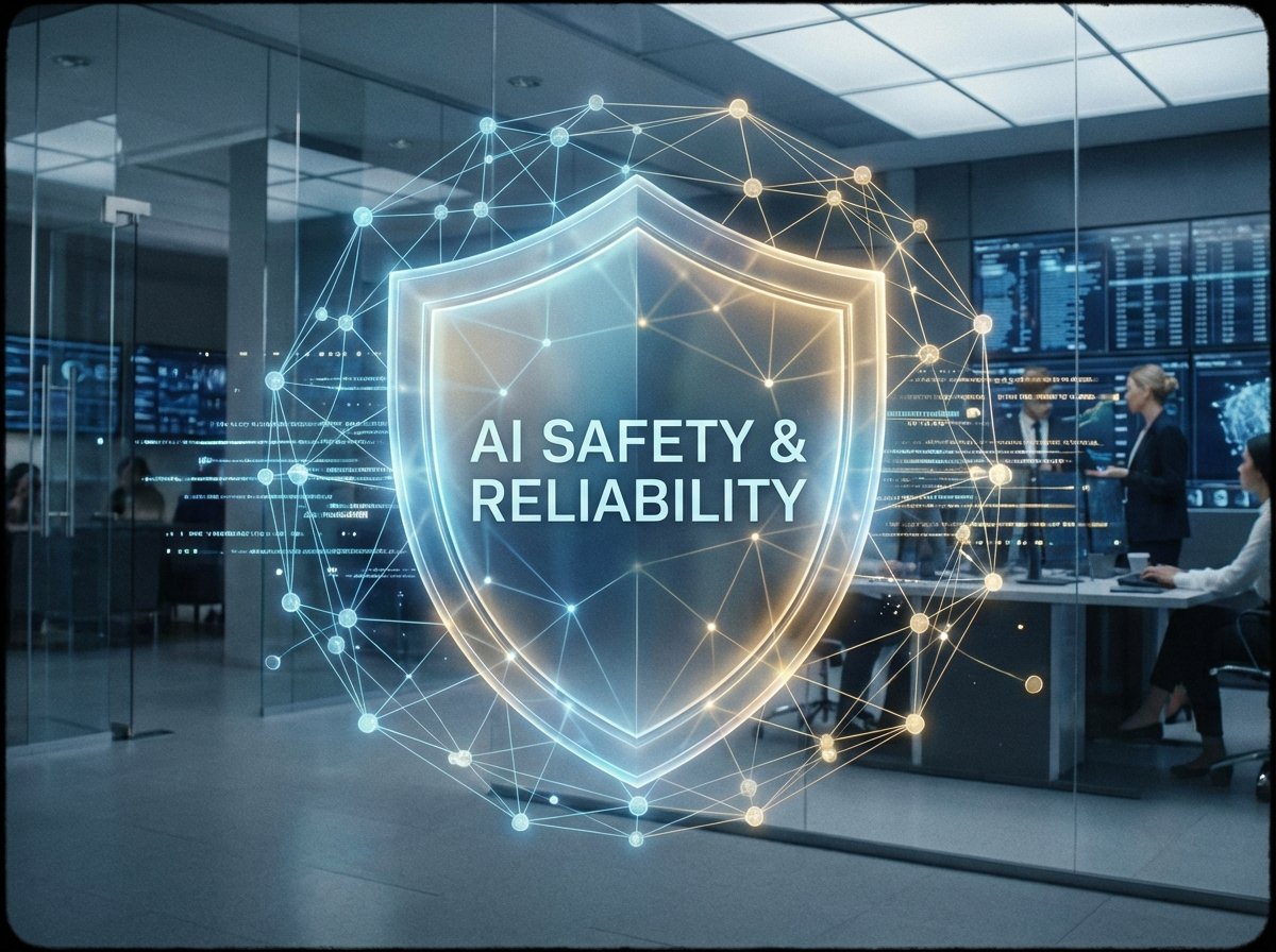 A digital shield overlaying a neural network, symbolizing AI safety and reliability, soft glowing light, professional corporate tech style, 4:3