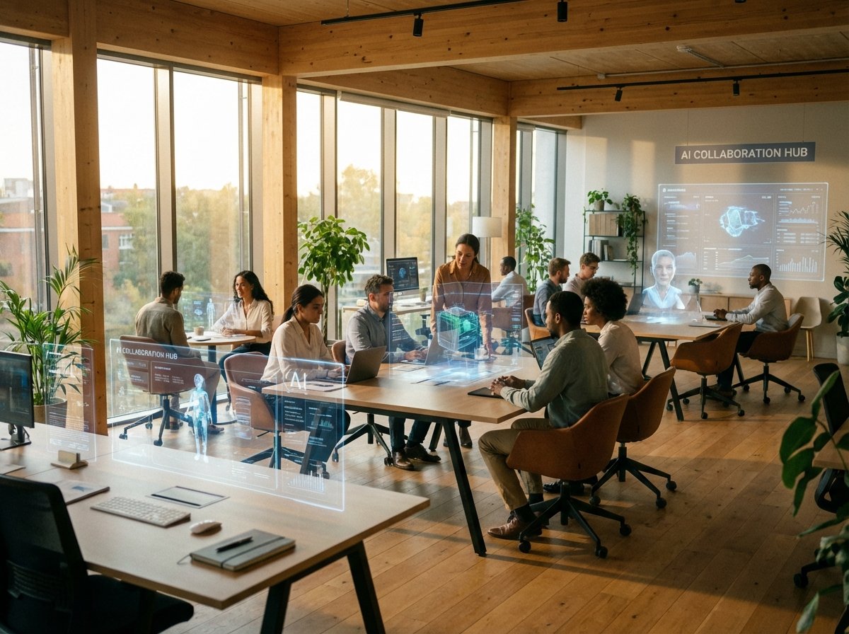 A modern office interior with employees collaborating with holograms and AI interfaces, natural daylight, warm and professional vibe, 4:3