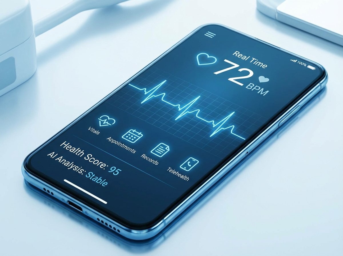 A high-tech smartphone screen displaying a modern healthcare app interface with medical icons and heartbeat lines, clean minimalist design, futuristic blue and white color palette, 4:3