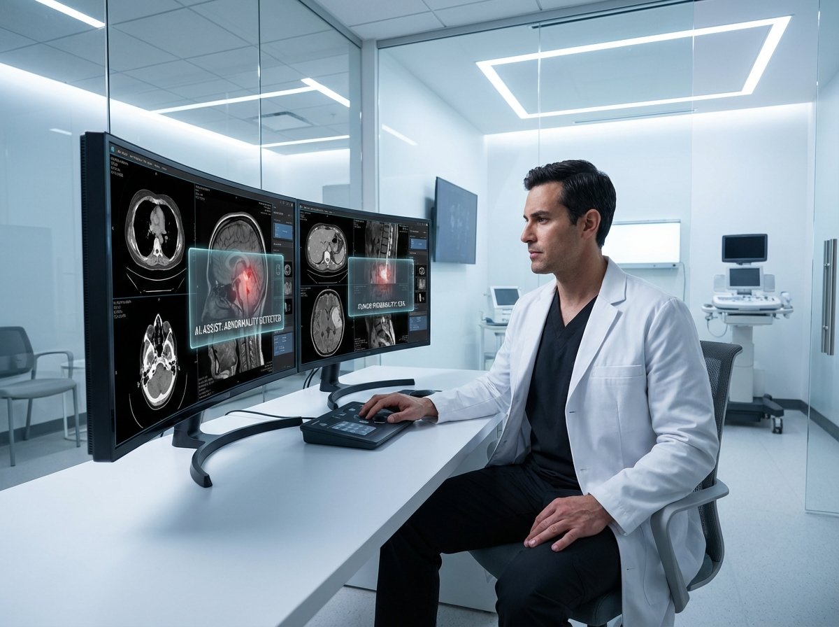 A professional radiologist in a modern medical office analyzing digital scans on a high-tech monitor with AI assist overlays, clean bright clinic environment, high contrast professional photography, 4:3