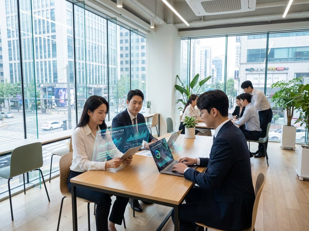 Korean office workers in a bright, modern glass-walled office using tablet and laptop with subtle digital AI interface overlays. Natural lighting, collaborative atmosphere, high-end lifestyle photography. AI Software Market theme. 4:3