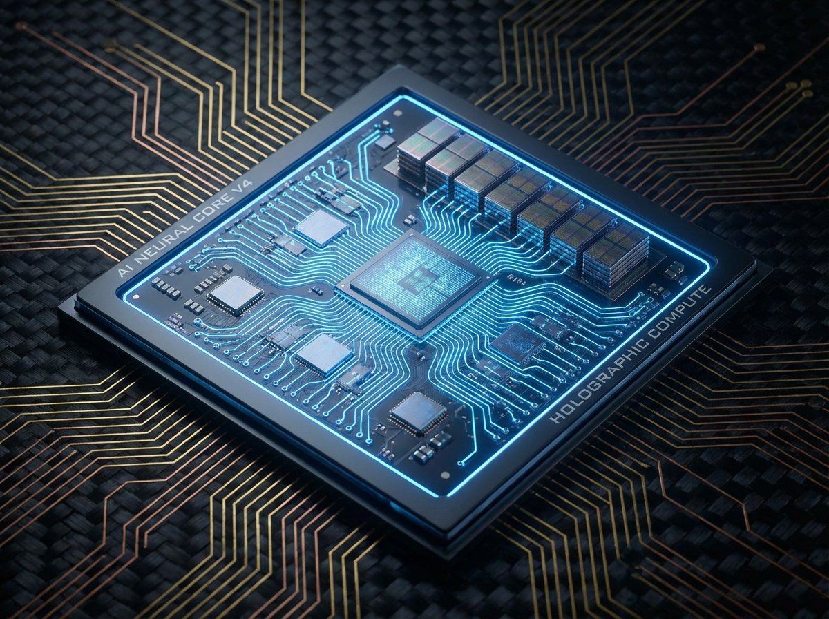 Close-up of a high-tech AI semiconductor chip with glowing blue circuits on a dark textured background. 4:3