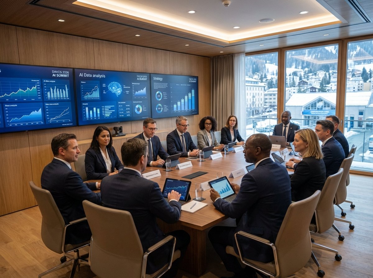 Corporate board room setting, diverse executives looking at digital screens with AI data analysis and strategy charts, professional and focused atmosphere, Davos 2026 AI context, 4:3