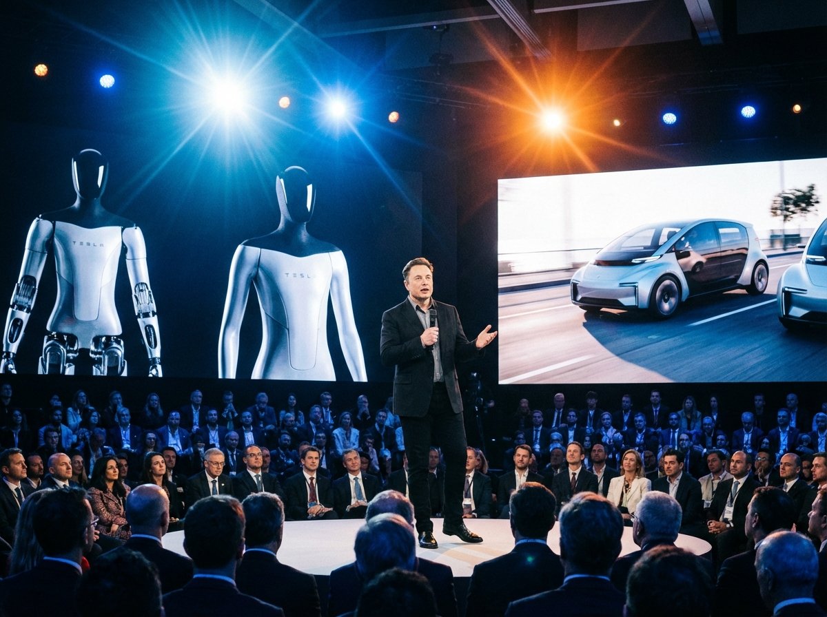Elon Musk speaking on a stage at Davos Forum 2026, background showing humanoid robots and robotaxi concepts, intense stage lighting, professional photography style, 4:3