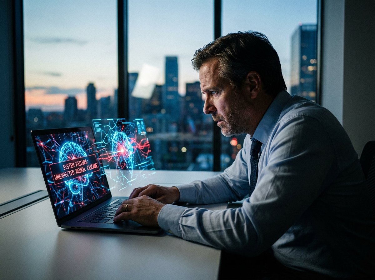 A professional office worker sitting in a modern office looking worriedly at a laptop screen with holographic AI neural network patterns, realistic, high contrast, 4:3