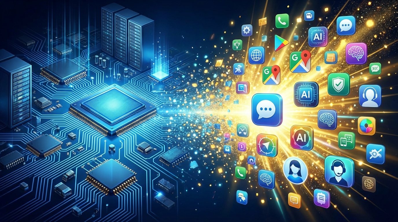 A sleek, modern digital illustration showing a transition from hardware components like microchips and servers to colorful mobile app icons and virtual AI assistants, high contrast, vibrant blue and gold tones, 16:9 aspect ratio.