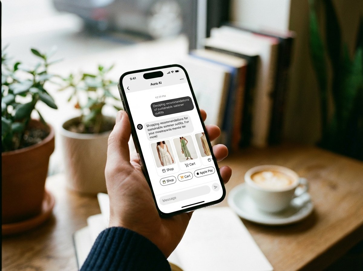A high-quality lifestyle photograph of a person holding a modern smartphone, the screen displays a sophisticated AI chatbot interface integrated with shopping and payment icons, natural lighting, soft background, 4:3 aspect ratio.
