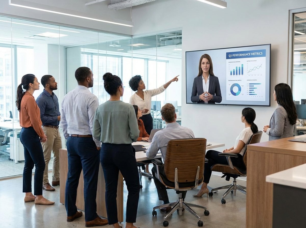 Professional office setting with diverse employees looking at a large screen displaying a realistic AI avatar presenting data, bright corporate lighting, modern interior, realistic photography style, 4:3