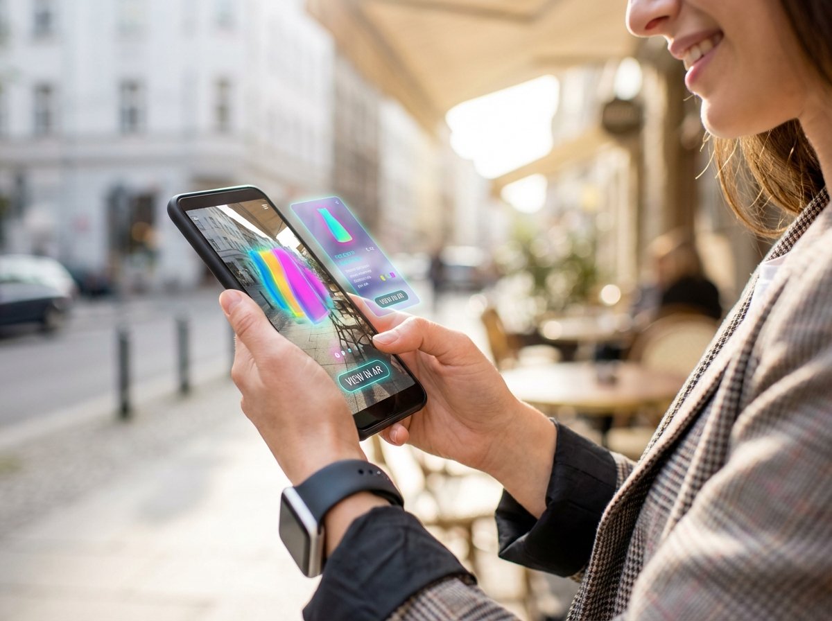 Close up of a person using a high tech smartphone app for visual shopping, vibrant colors, natural lighting, modern lifestyle photography, 4:3