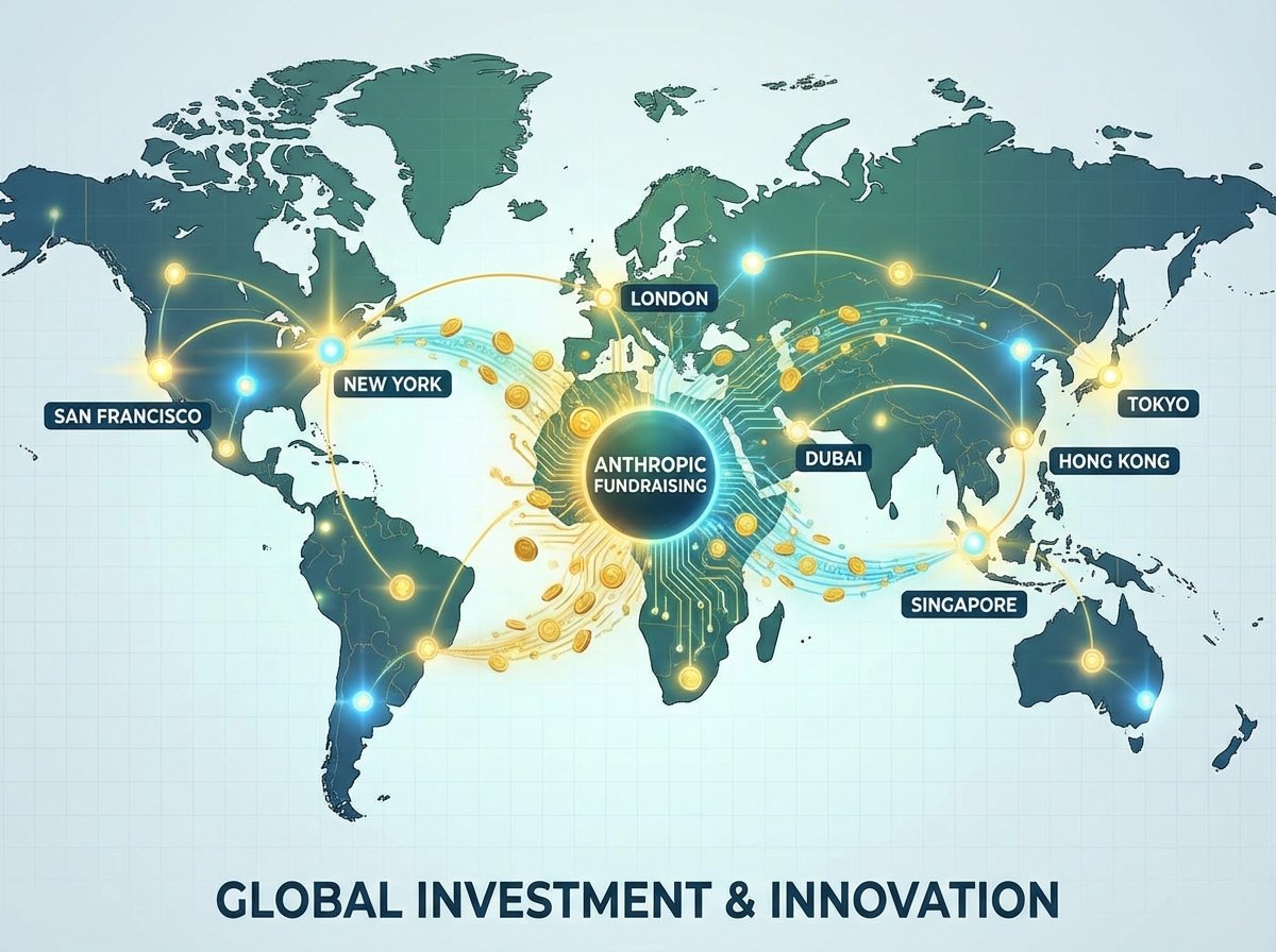 A professional and clean infographic style image showing a world map with glowing nodes connecting major financial hubs like New York and Singapore. Digital representations of golden coins and circuit patterns blending together. Representative of global investment in Anthropic fundraising. Bright and balanced lighting. 4:3