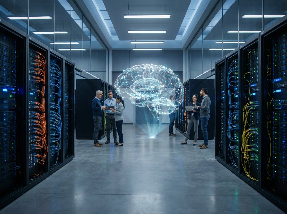 A realistic interior view of a modern high-end data center or AI laboratory. Racks of glowing servers with fiber optic cables. A holographic representation of a complex neural network is visible in the center. The atmosphere is professional and innovative. No text. 4:3