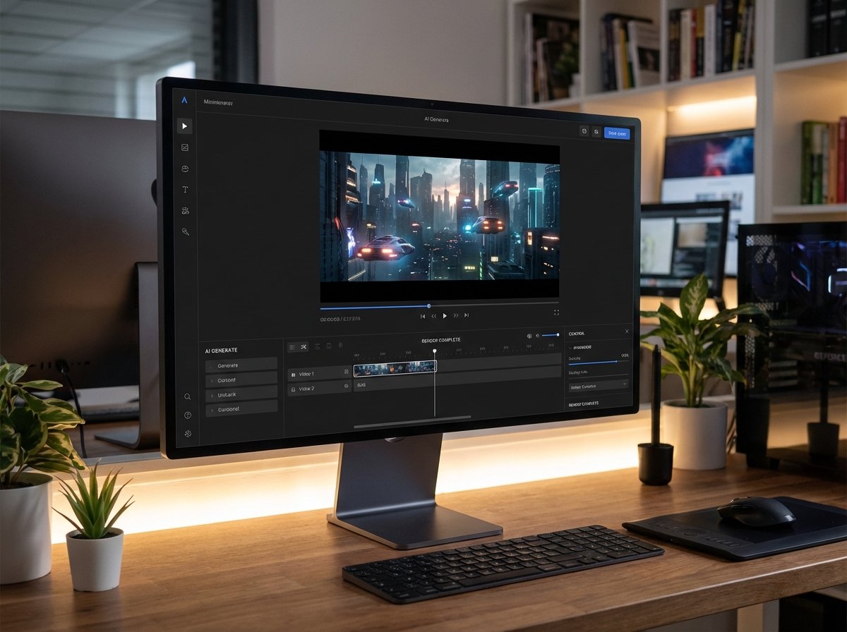 A sleek and modern user interface showing high-quality AI generated video content on a computer monitor, professional creative studio environment, soft lighting, 4:3