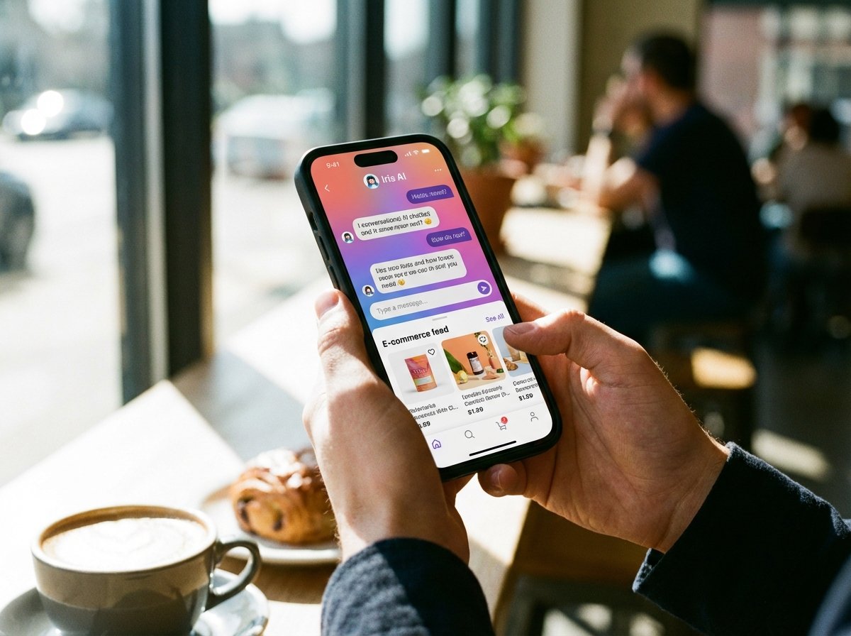 Close up of a person using a smartphone in a casual cafe setting, showing a colorful mobile app interface with AI chatbot and e-commerce features, natural sunlight, 4:3