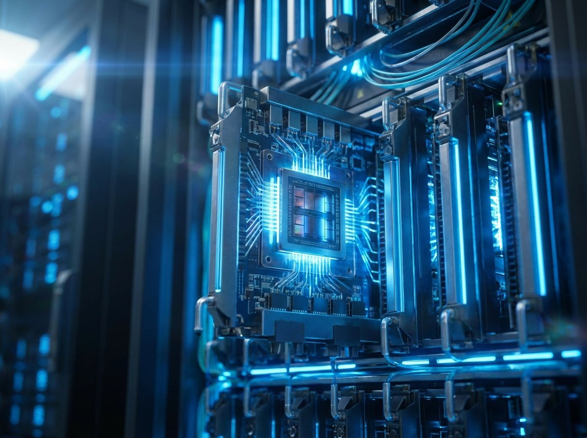 Close-up of advanced AI memory chips glowing with blue light inside a high-tech data center server rack, futuristic technology aesthetic, realistic cinematic lighting, 4:3