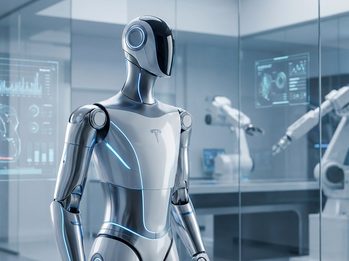 A futuristic Tesla Optimus humanoid robot standing in a sleek, modern laboratory environment, cinematic lighting, soft bokeh background, high tech aesthetic, 4:3