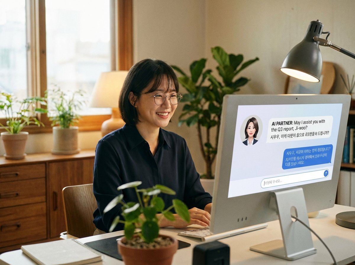 A Korean female office worker looking at a screen with a friendly smile, interacting with a helpful AI interface. Soft lighting, warm professional atmosphere, showing a sense of trust and partnership. 4:3