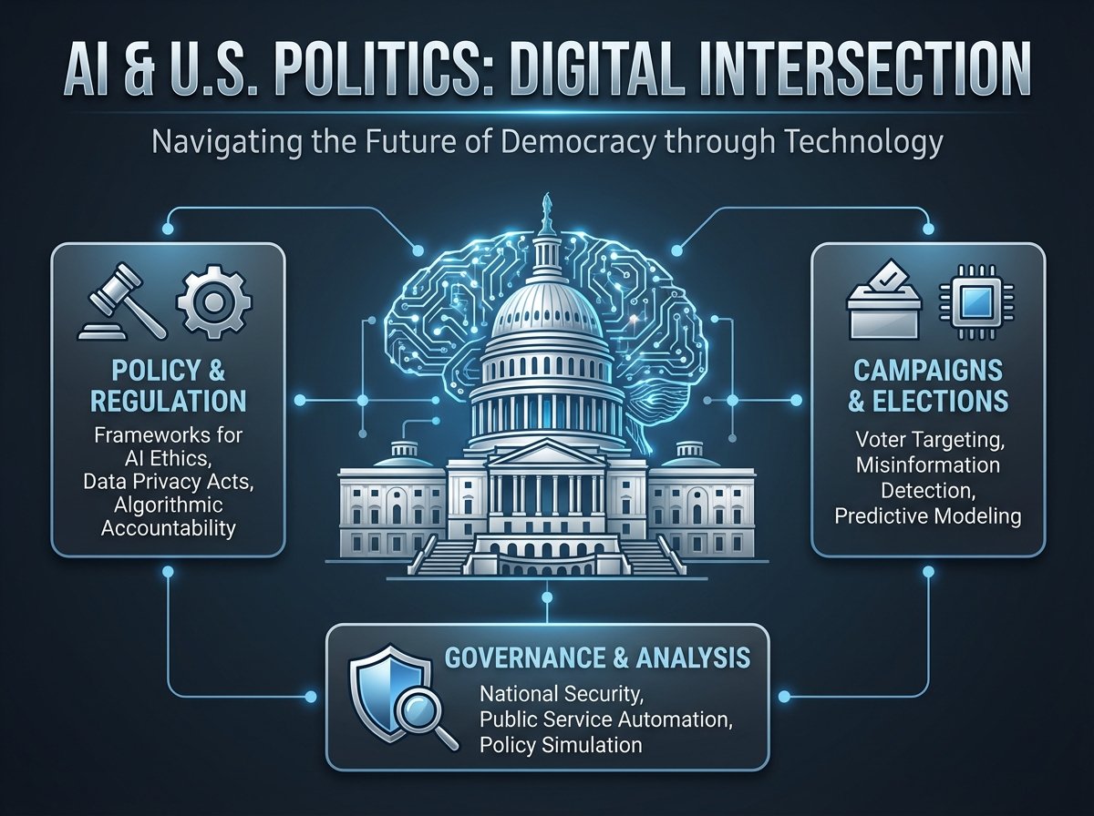 A modern and clean infographic showing the intersection of artificial intelligence and United States politics. A digital neural network overlaying the US Capitol building with a high-contrast blue and silver color scheme. High quality, professional layout. 4:3