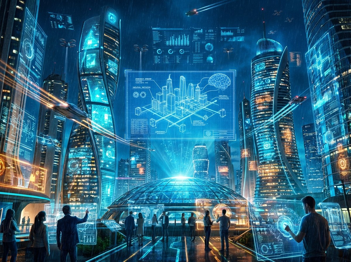 A detailed composition of a futuristic smart city with digital schematics floating in the air. High contrast, vibrant blue and amber tones, representing the future of a tech-driven society. 4:3
