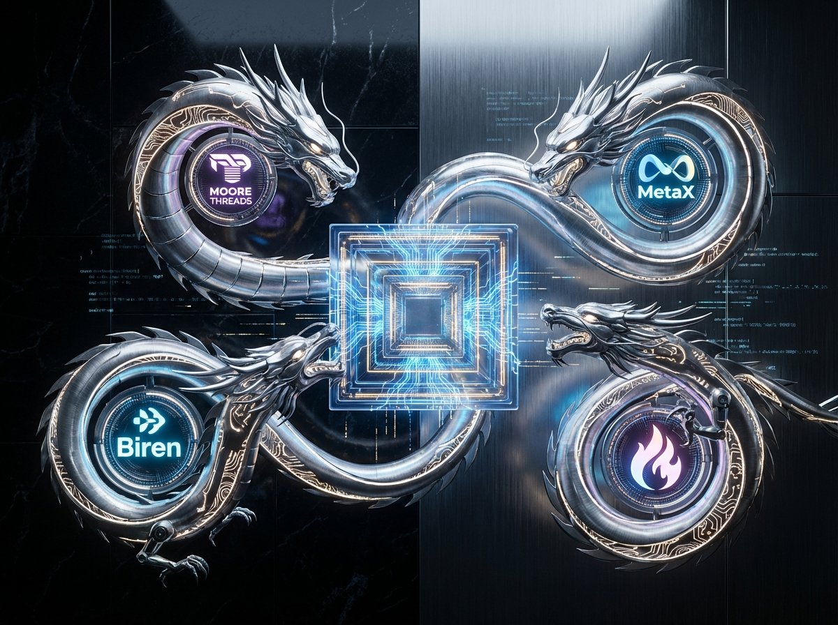 A futuristic representation of four majestic dragons symbolizing Chinese AI chip startups Moore Threads, MetaX, Biren, and Enflame, surrounding a glowing advanced AI microchip with high-tech circuitry, cinematic lighting, sleek metallic textures, professional high-contrast background, 4:3