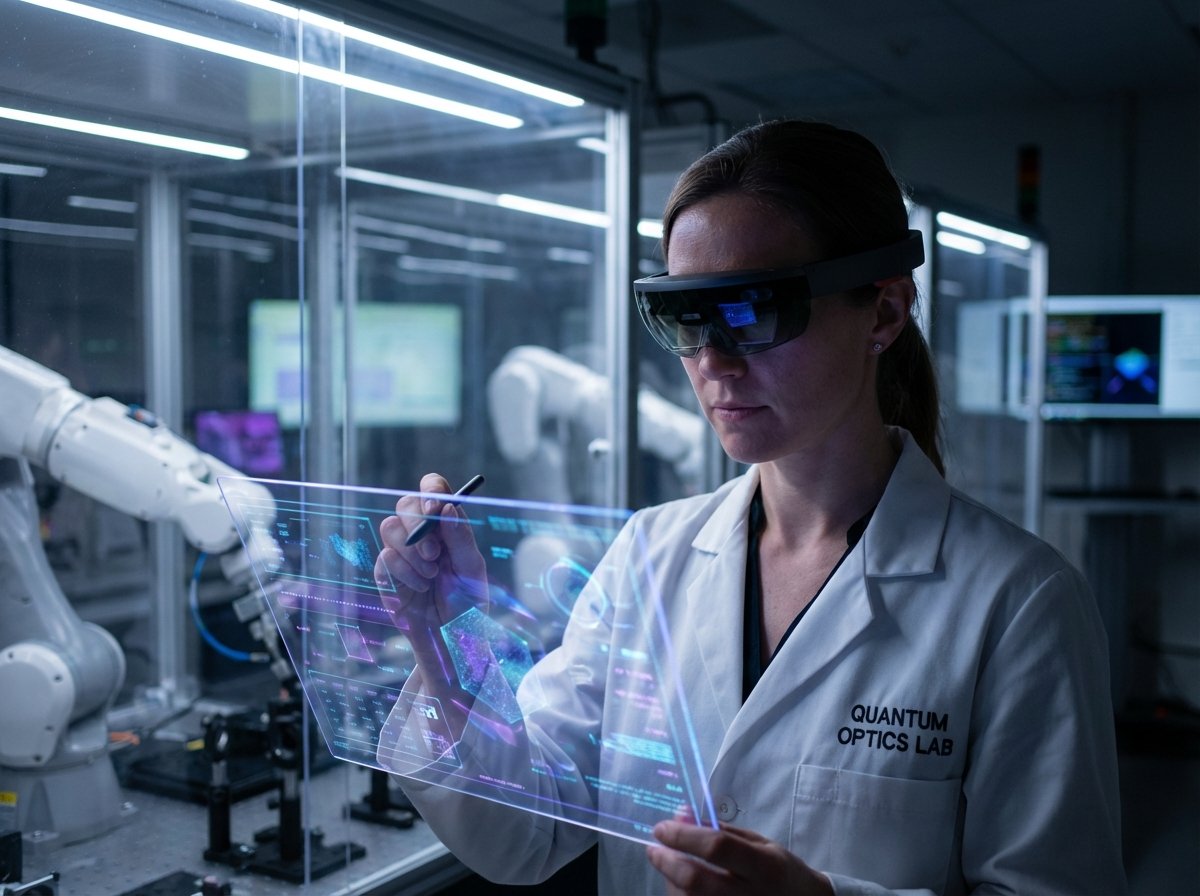 A professional person testing futuristic AR smart glasses in a high-tech laboratory environment, soft blue and purple ambient lighting, focused expression, cinematic lighting, 4:3