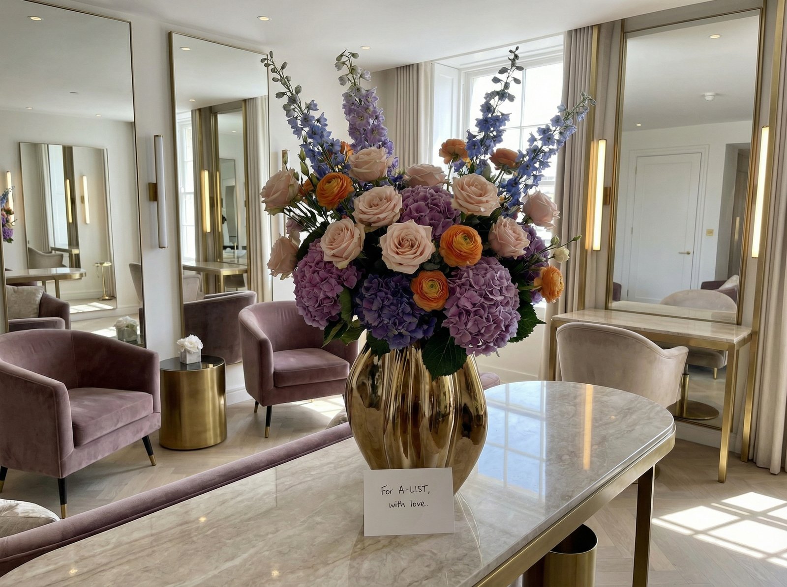 A stunning, luxurious floral arrangement featuring pastel and vibrant flowers in a stylish vase, placed in a modern, elegant dressing room. The arrangement is clearly designed for a celebrity. Aspect ratio 4:3, no visible text.