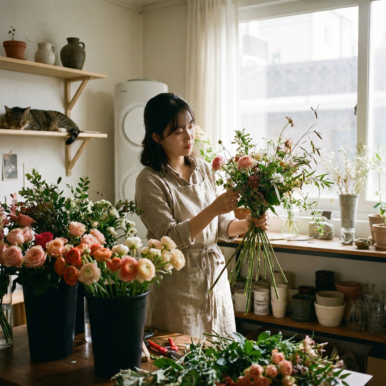 A young Korean woman, mid-20s, intently arranging flowers in a bright, cozy floral studio. Various tools and different types of flowers are around her. Soft natural light streams in through a window. Aspect ratio 1:1, no visible text.