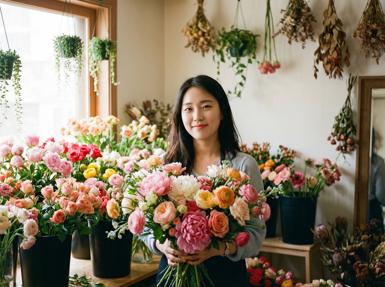 A young Korean woman, mid-20s, with a gentle smile, surrounded by an abundance of vibrant, fresh flowers in a studio setting. She is holding a beautiful floral arrangement. The lighting is warm and inviting. Aspect ratio 4:3, no visible text.