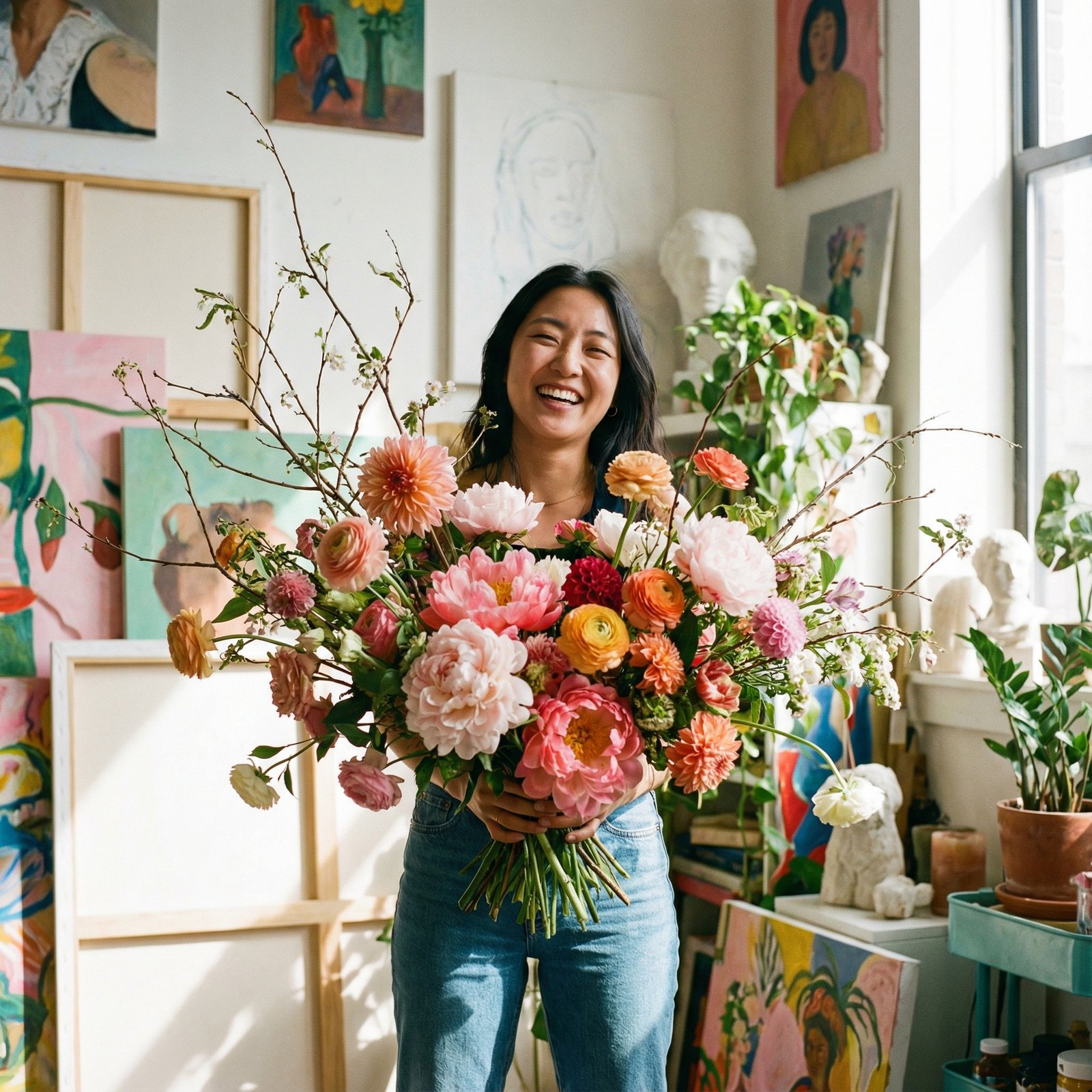 A young Korean woman, mid-20s, with a confident and proud expression, holding a large, beautifully designed floral arrangement. She is standing in a vibrant, artistic studio with natural light. Aspect ratio 1:1, no visible text.