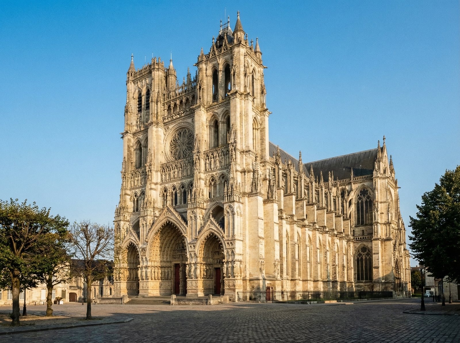 Grand exterior view of Amiens Cathedral in France, showcasing its impressive Gothic architecture with intricate details and twin towers against a clear sky. Style: History/Culture, Aspect ratio: 4:3, no visible text.