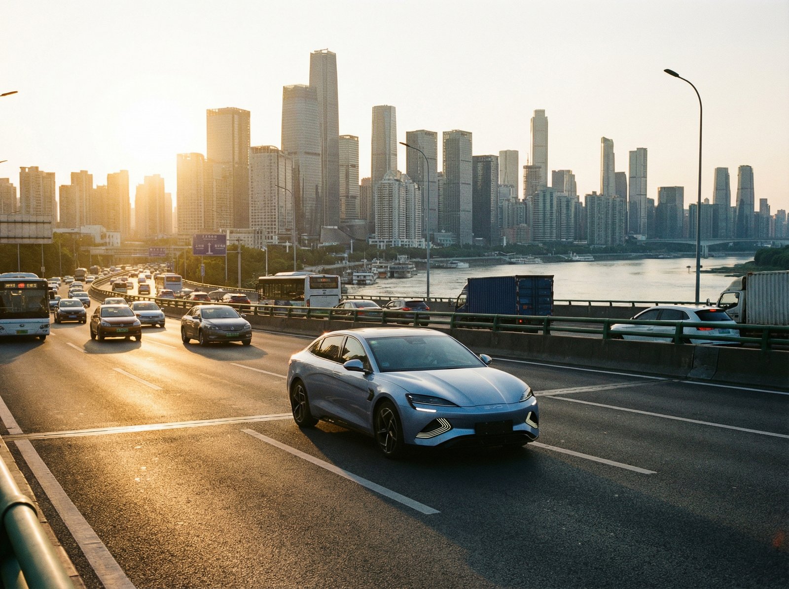 A sleek, modern BYD electric vehicle driving on a multi-lane highway in China, surrounded by other cars. The setting sun casts a warm glow, with urban skyscrapers in the background. Aspect ratio 4:3, no visible text.
