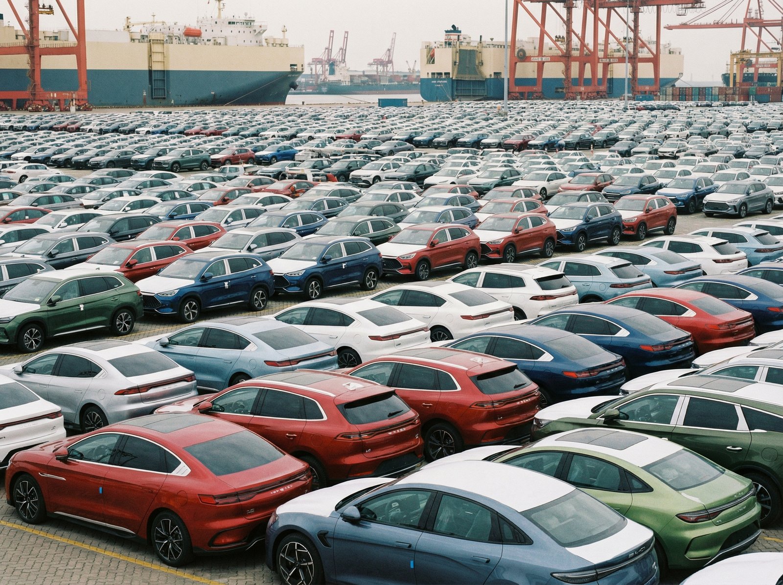 Many BYD electric vehicles parked at a port, ready for export. Modern cars, clean and efficient. Aspect ratio 4:3, no visible text, informational style, colored background, centered focus.