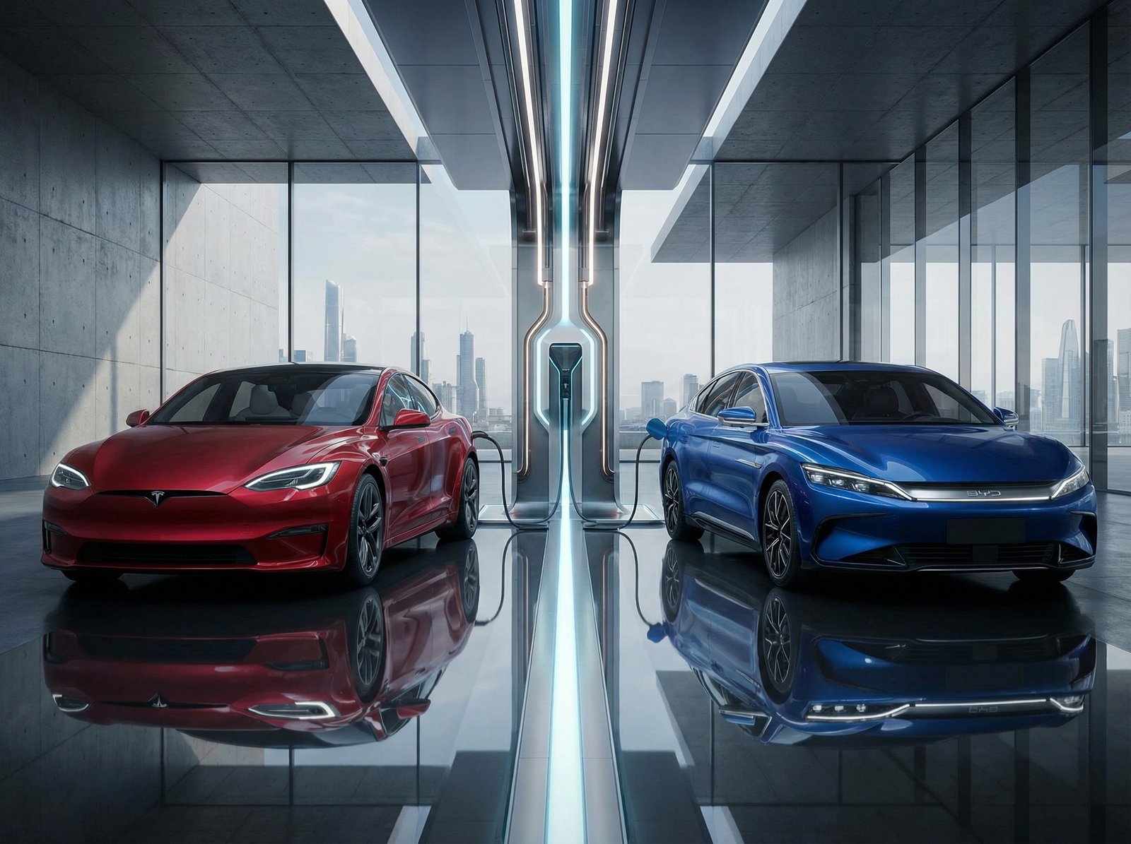A Tesla electric car and a BYD electric car side by side, symbolizing competition. Modern design, sleek. Aspect ratio 4:3, no visible text, modern layout, high contrast.