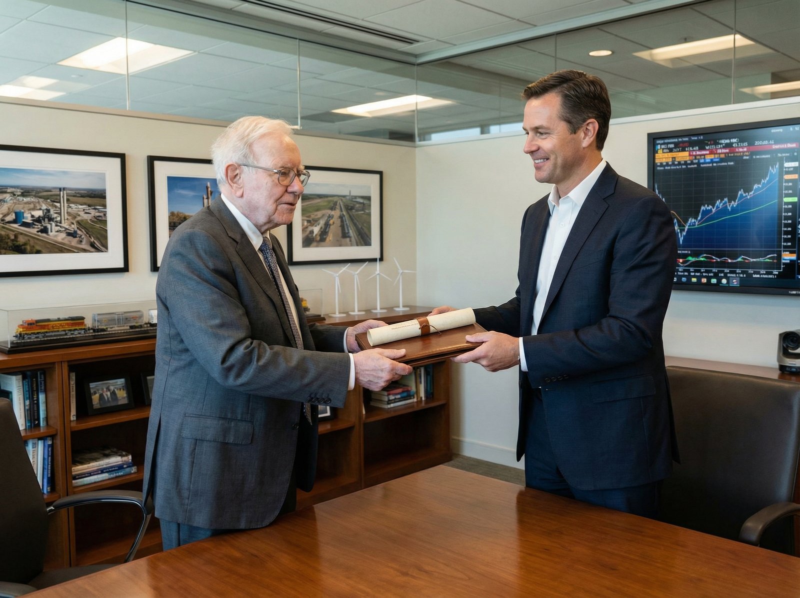 Warren Buffett, looking contemplative and wise, hands over a symbolic document to a younger, confident-looking Greg Abel in a modern, well-lit office setting. The background subtly features elements of finance and industry, symbolizing Berkshire Hathaway's diverse portfolio. Aspect ratio 4:3, no visible text.