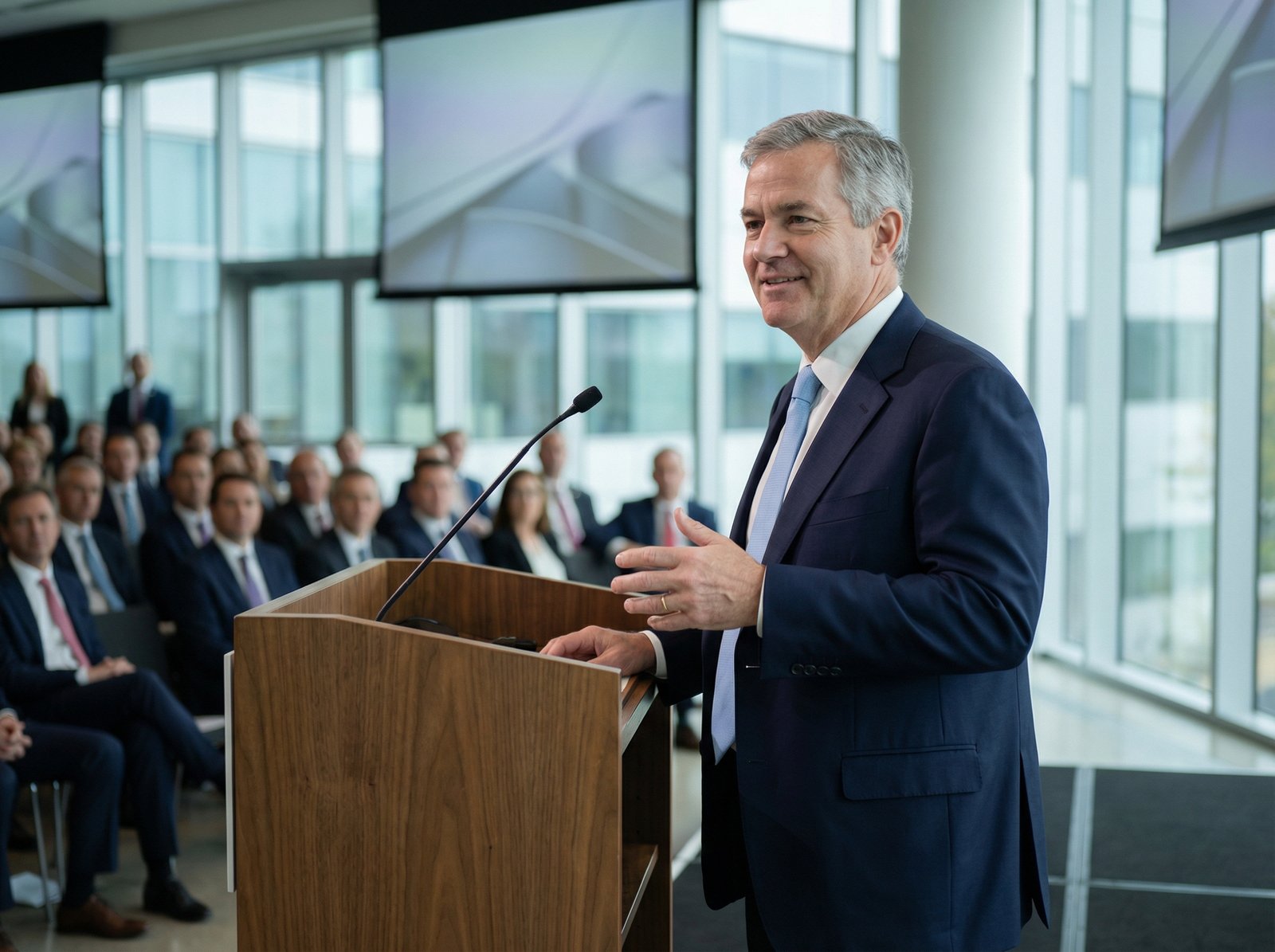 Greg Abel, dressed in a sharp business suit, stands confidently at a podium in a modern, clean corporate auditorium, addressing an audience. He has a calm and assured expression. The background is slightly blurred but suggests a large, professional setting. Aspect ratio 4:3, no visible text.