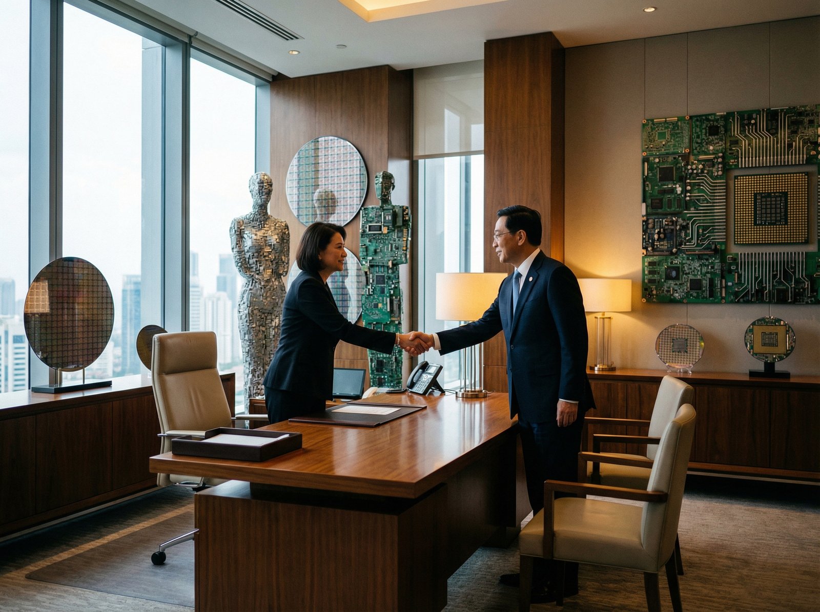 A professional meeting between a business leader and a government official in a high-end office setting, semiconductor themes in the background, modern corporate atmosphere, cinematic lighting, 4:3 aspect ratio, no visible text