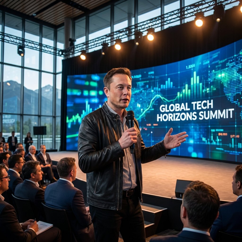 A professional man in a black leather jacket speaking at a high-level global technology summit, Davos style setting, sophisticated stage lighting, futuristic digital backdrop, realistic photography style, 1:1
