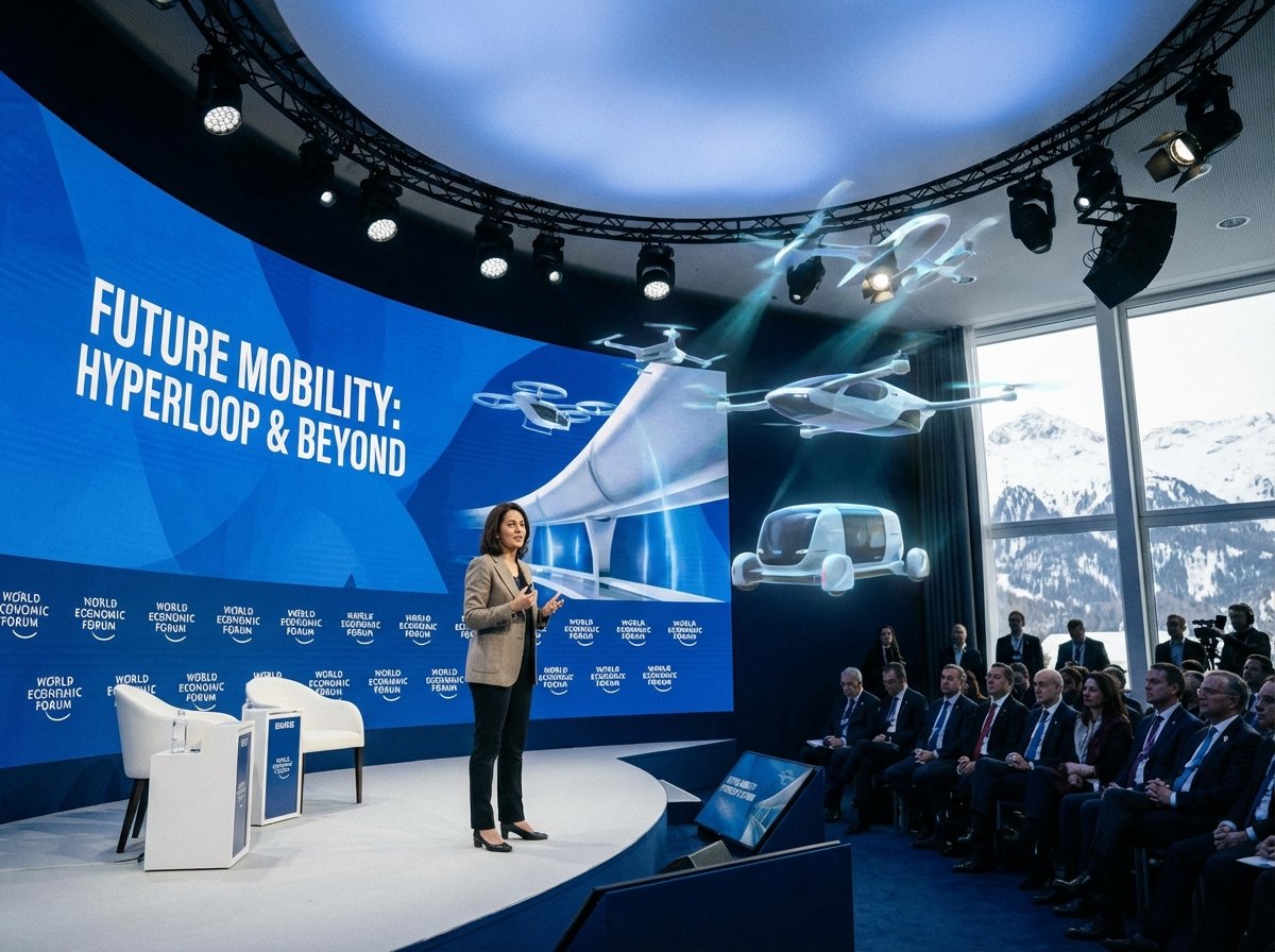 A high-tech conference stage at the World Economic Forum in Davos, a tech leader giving a presentation about future transportation, professional lighting, cinematic atmosphere, 4:3
