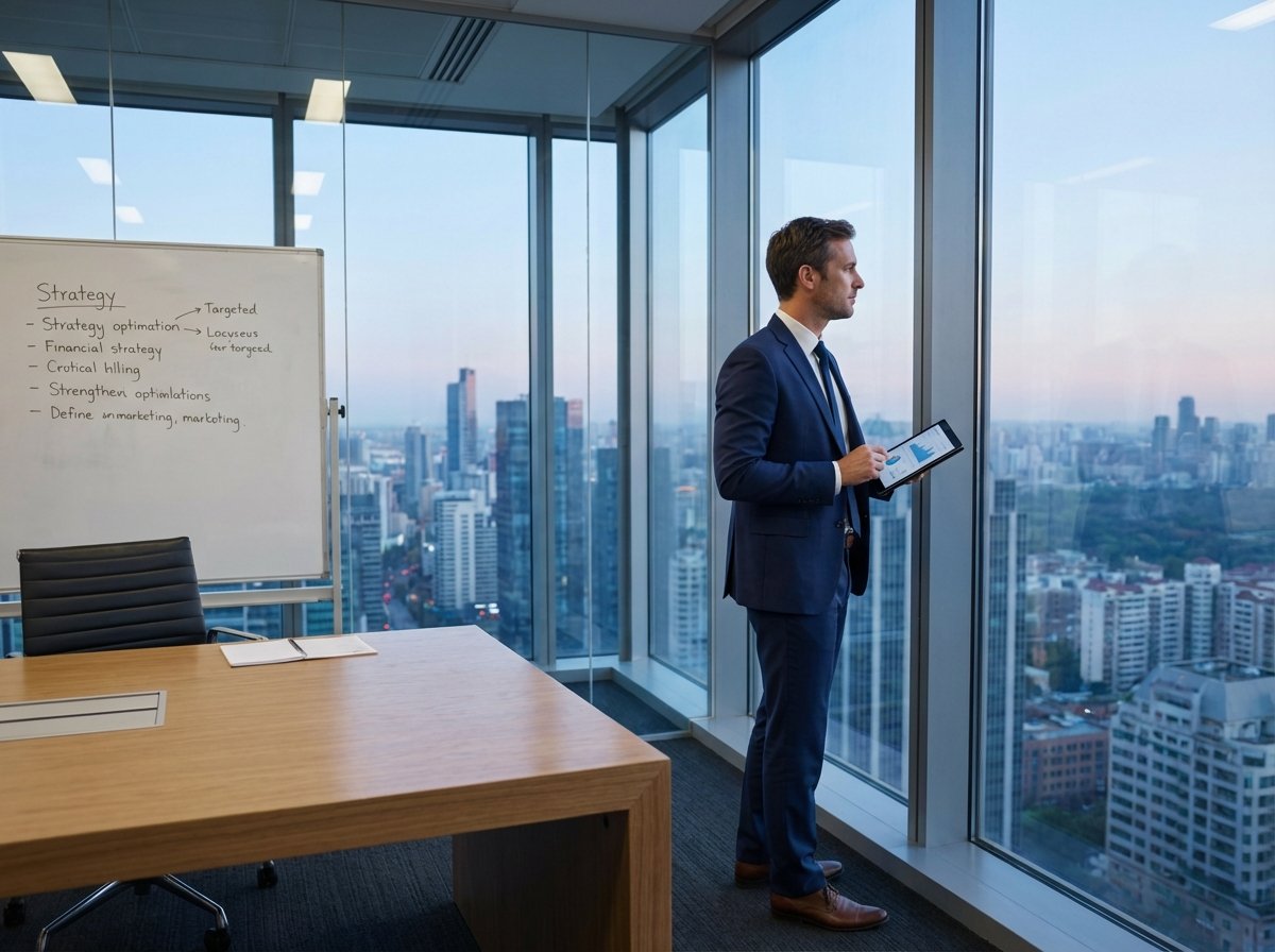A professional male corporate executive in a modern high-rise office with a cityscape background, representing leadership and business strategy, realistic photography, 4:3