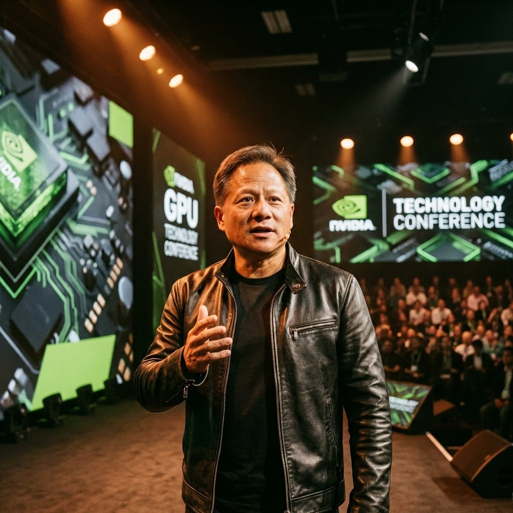 Realistic cinematic portrait of a visionary tech CEO wearing a black leather jacket, speaking confidently at a high-tech conference, warm stage lighting, professional atmosphere, Nvidia inspired background, 1:1