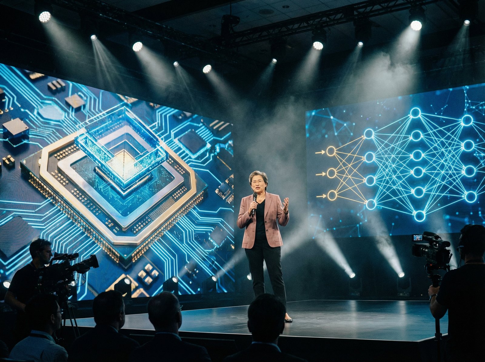 Lisa Su AMD CEO speaking at a high-tech conference stage, professional lighting, large digital screen in background showing AI chip designs, cinematic atmosphere, 4:3, no text