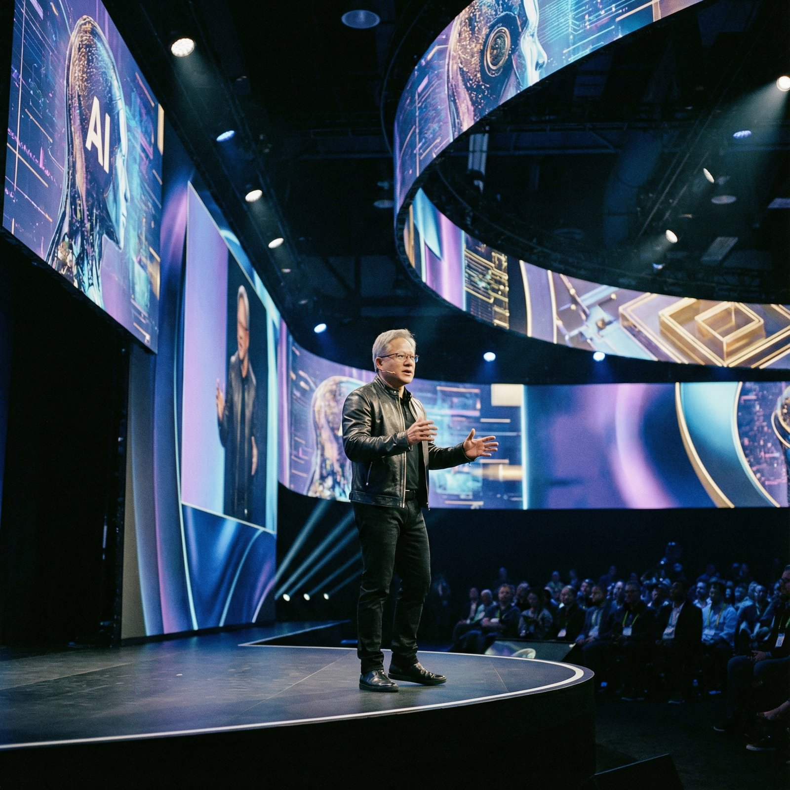 Jensen Huang speaking on a modern high-tech conference stage at CES 2026, cinematic lighting, professional atmosphere, 1:1, no text